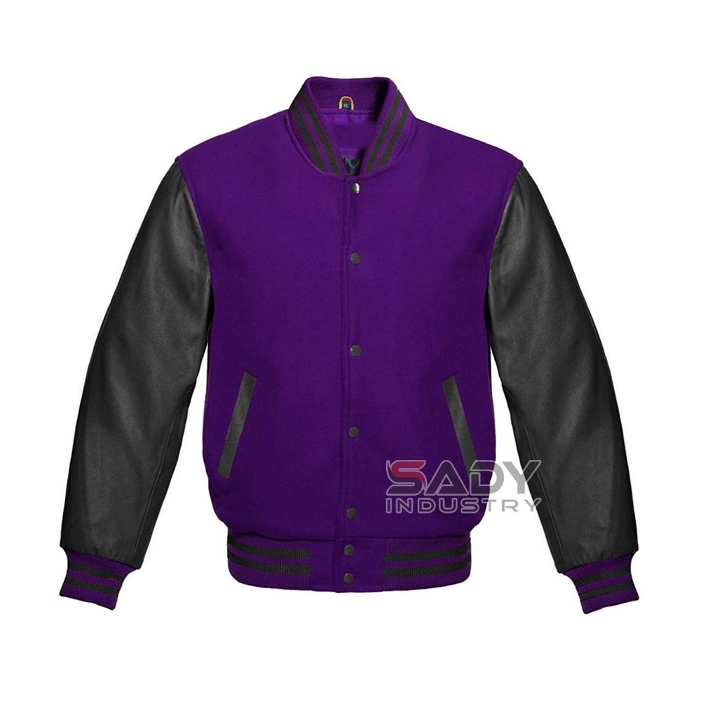 Varsity Letterman Baseball in Purple Wool and Black Leather Sleeves Jacket